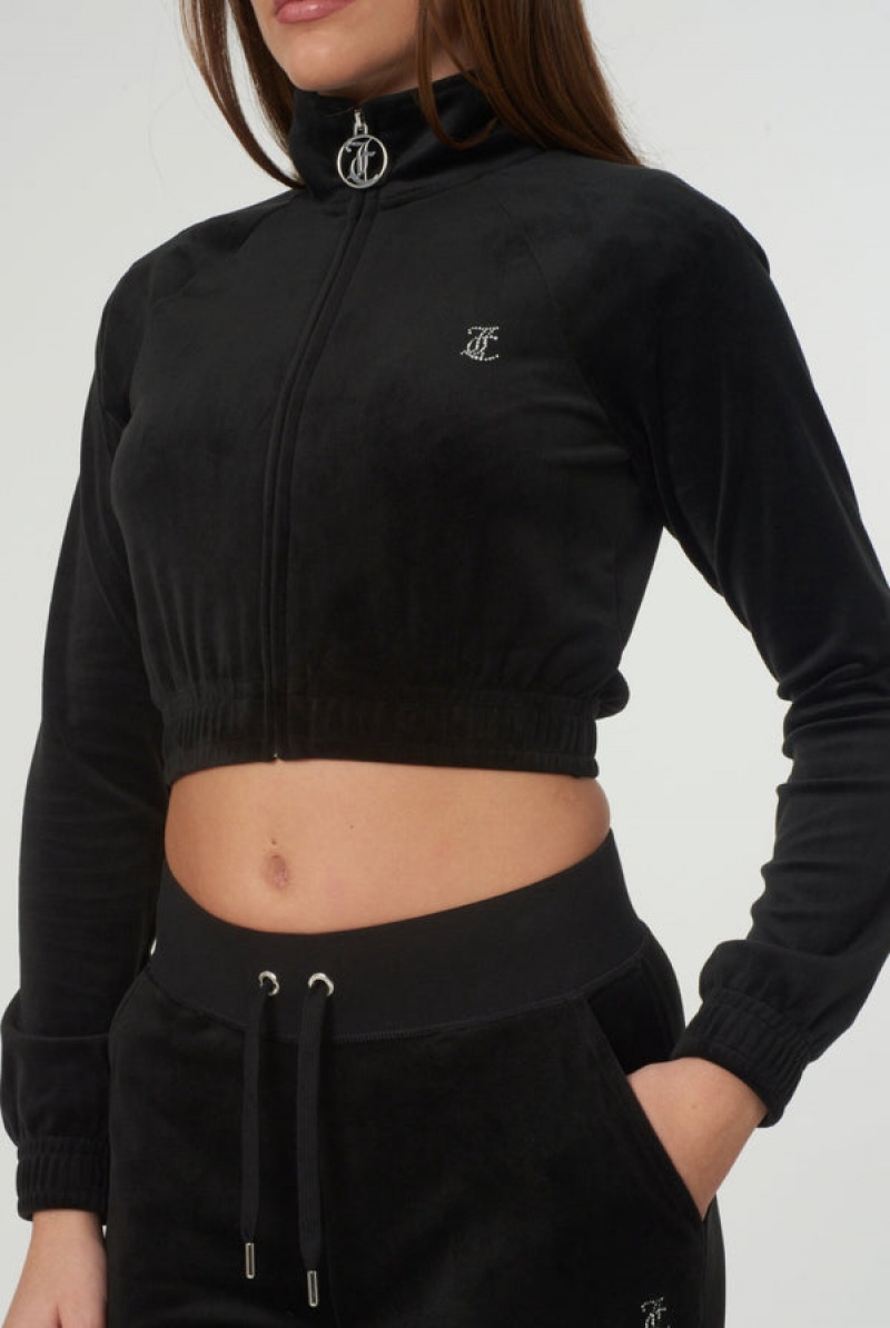 Black Juicy Couture Velour Diamante Cropped Tracktop | JC-SN652000