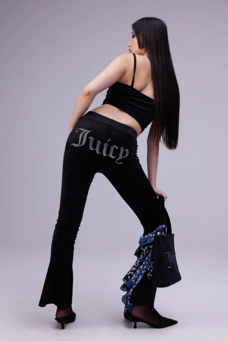 Black Juicy Couture Velour Diamante Fla Pants | JC-SN652146