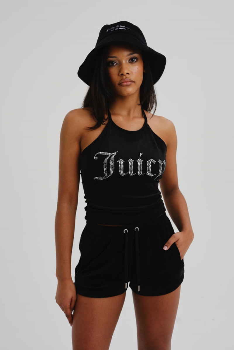 Black Juicy Couture Velour Diamante Track Shorts | JC-SN652002