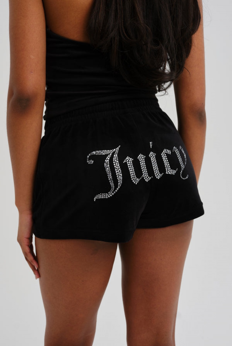 Black Juicy Couture Velour Diamante Track Shorts | JC-SN652002