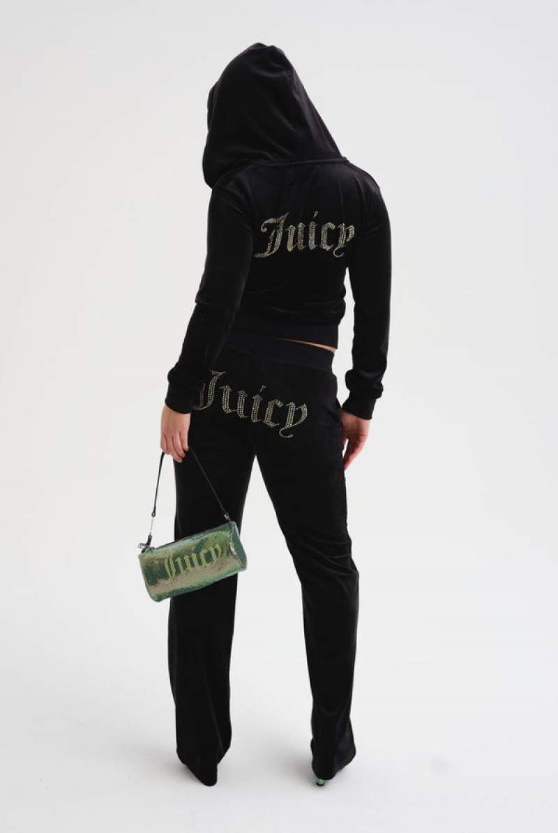 Black Juicy Couture Velour Mixed Iridescent Diamante Tracksuit Bottom | JC-SN652086