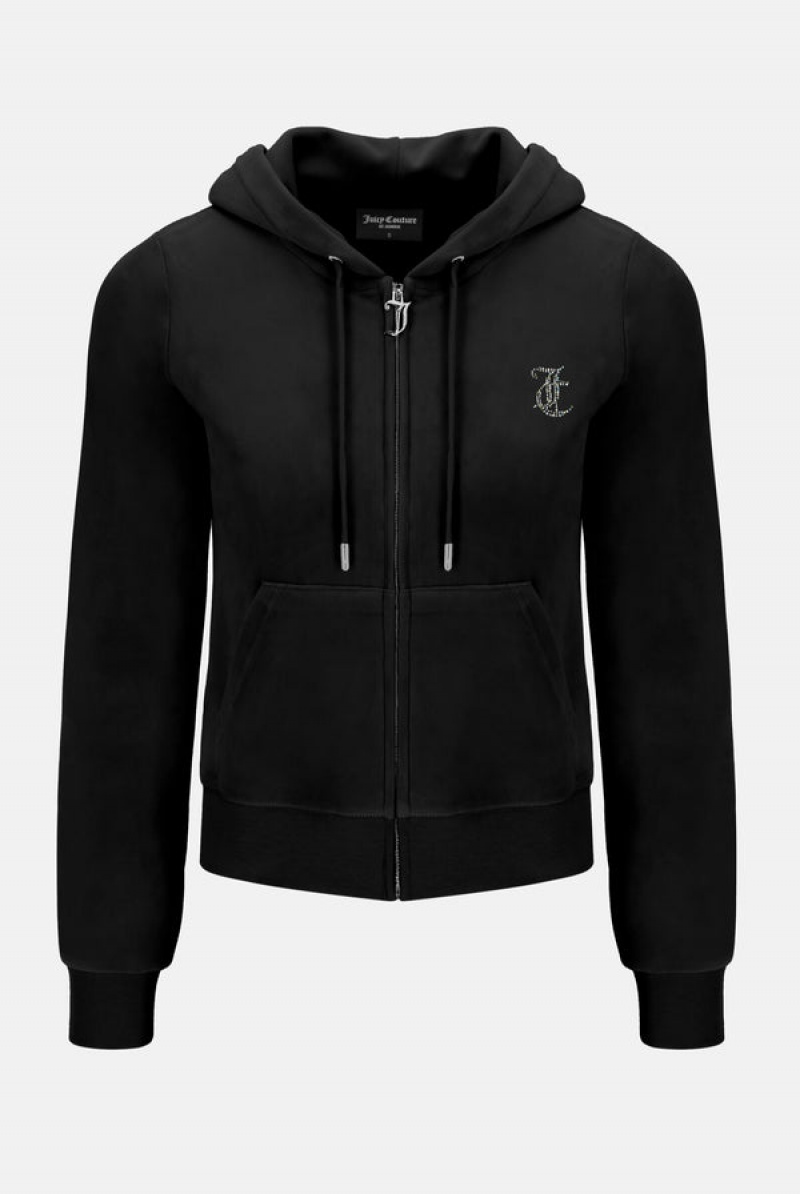 Black Juicy Couture Velour Mixed Iridescent Diamante Zip-through Hoodie | JC-SN652087