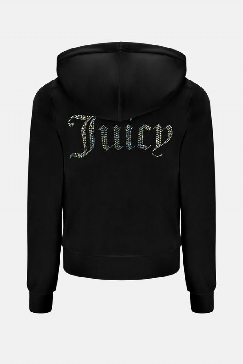 Black Juicy Couture Velour Mixed Iridescent Diamante Zip-through Hoodie | JC-SN652087