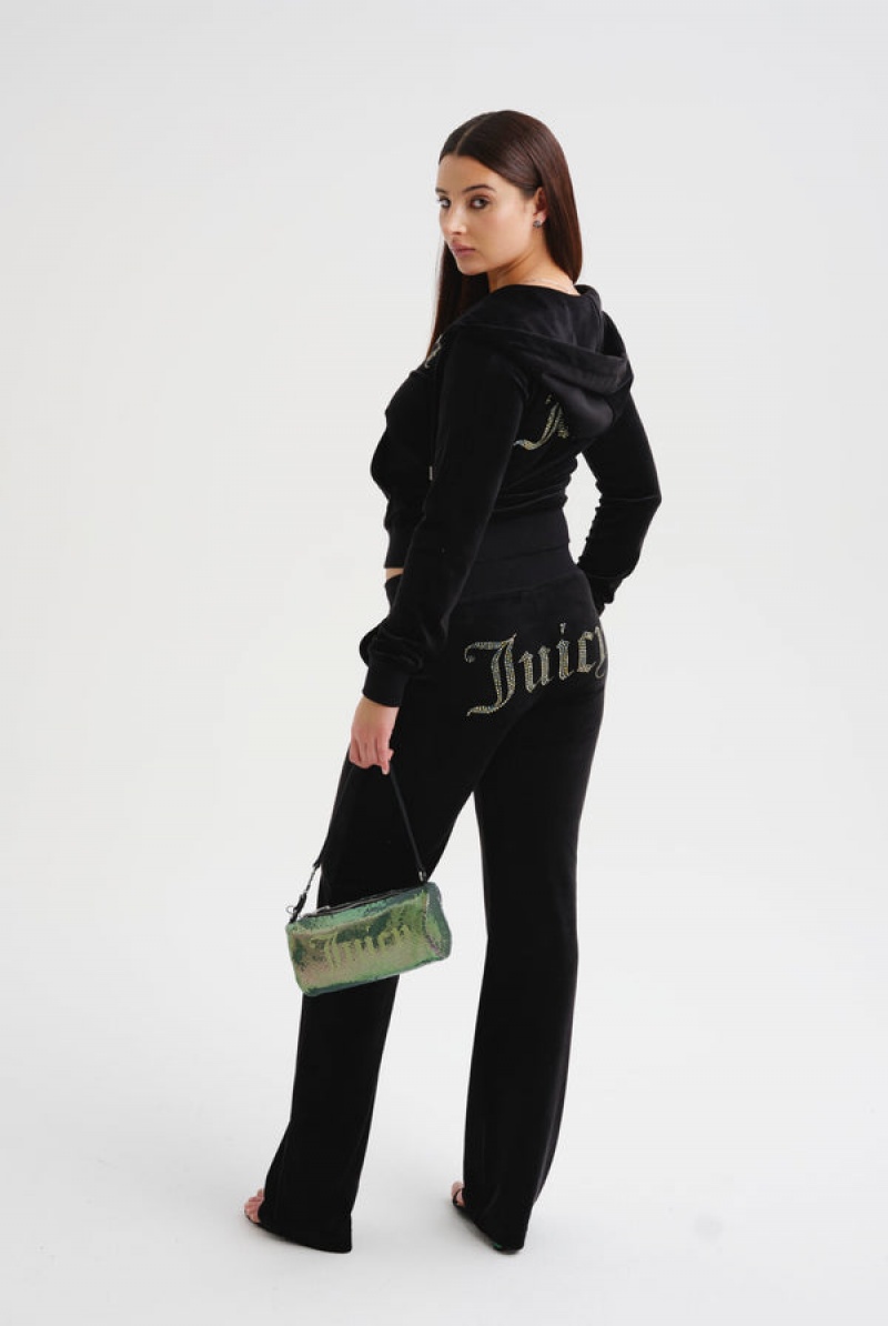 Black Juicy Couture Velour Mixed Iridescent Diamante Zip-through Hoodie | JC-SN652087