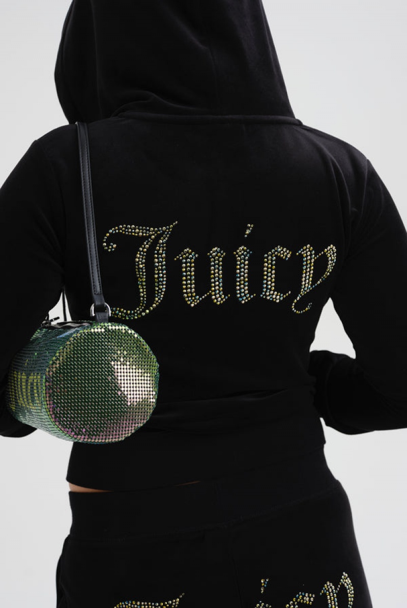 Black Juicy Couture Velour Mixed Iridescent Diamante Zip-through Hoodie | JC-SN652087