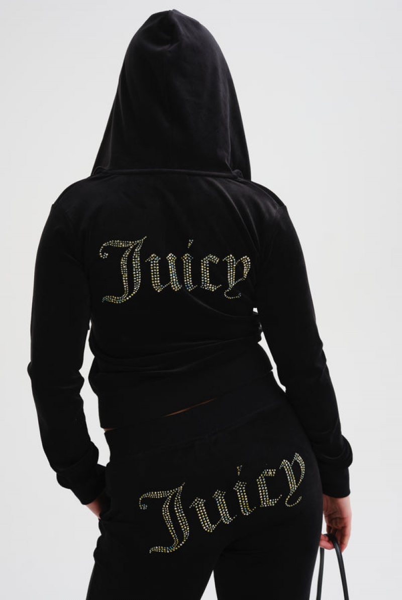 Black Juicy Couture Velour Mixed Iridescent Diamante Zip-through Hoodie | JC-SN652087