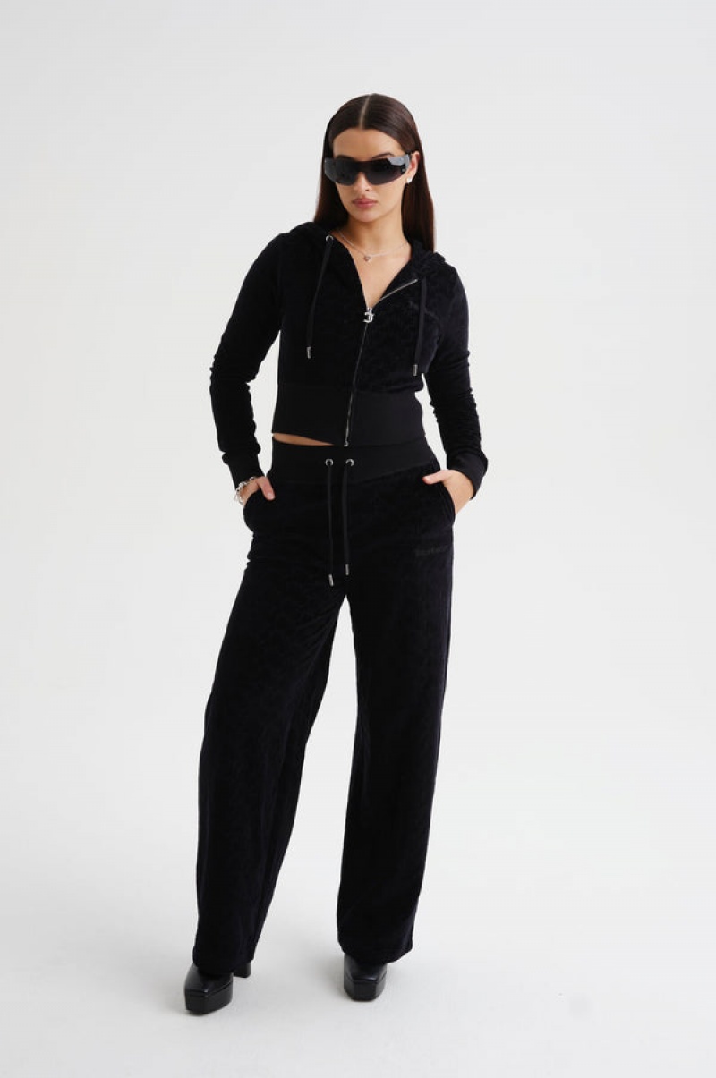 Black Juicy Couture Wide Leg Arched Monogram Luxe Velour Track Pant | JC-SN652144