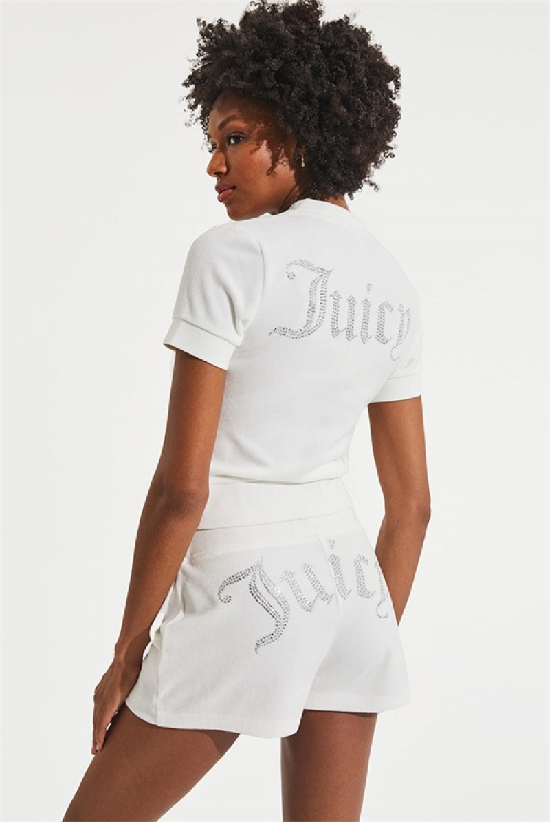 Bleached White Juicy Couture Short Sleeve Big Bling Cotton Velour Zip-up | JC-SN651522