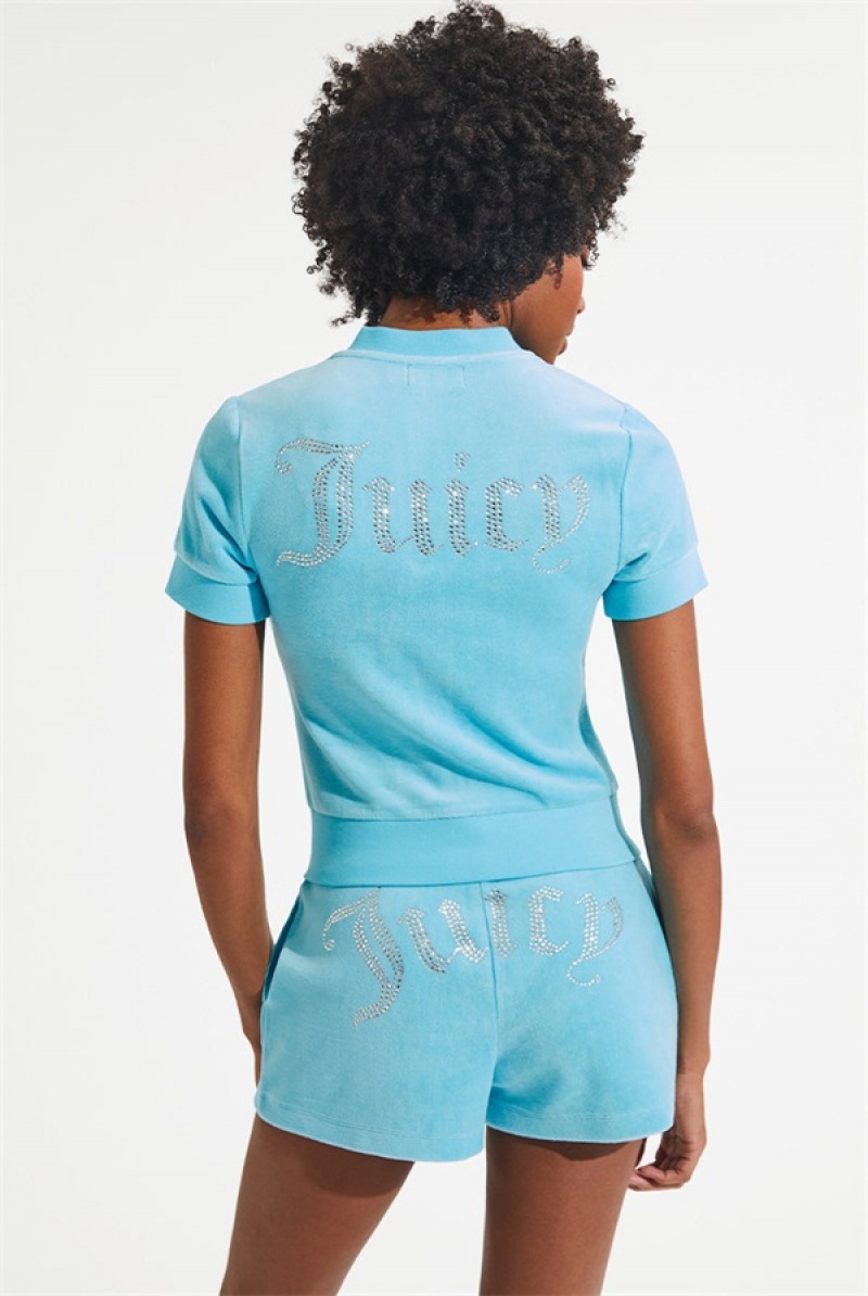 Blue Crush Juicy Couture Short Sleeve Big Bling Cotton Velour Zip-up | JC-SN651521