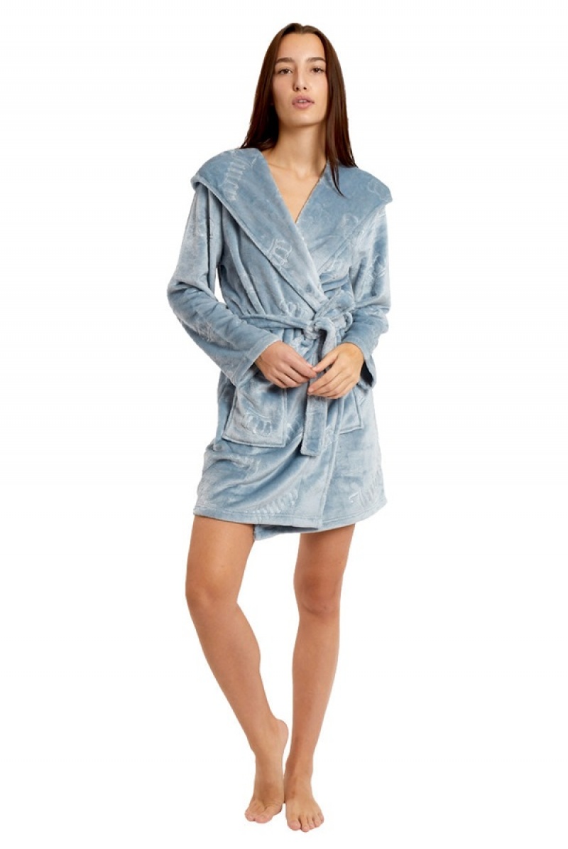 Blue JC Emboss Juicy Couture Hooded Luxe Plush Robe | JC-SN651786