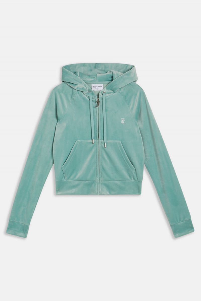 Blue Surf Juicy Couture Diamante Velour Zip-through Hoodie | JC-SN652112