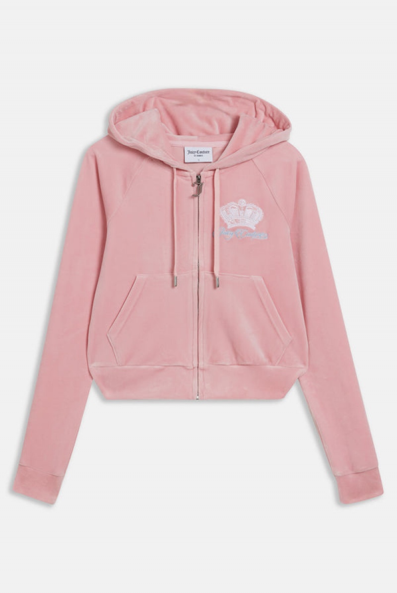 Candy Pink Juicy Couture Crown Embroide Velour Zip-through Hoodie | JC-SN651993