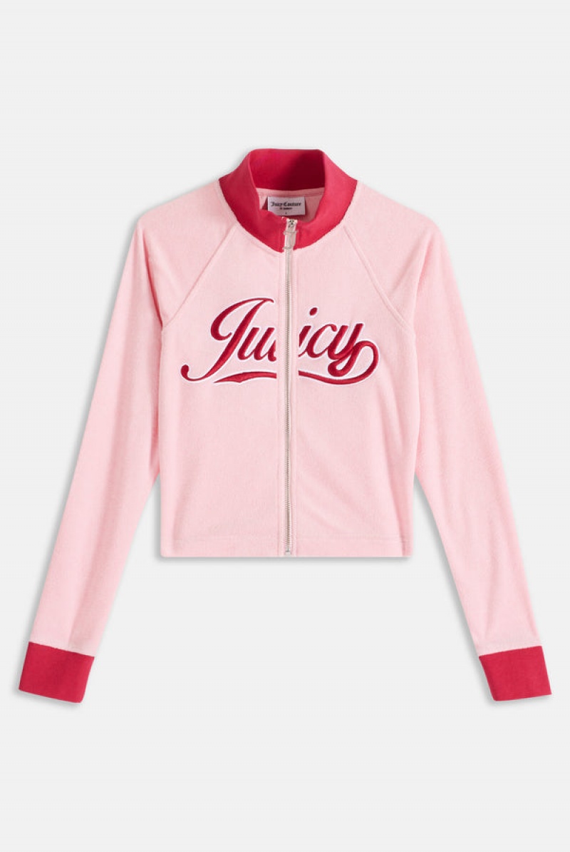 Candy Pink Juicy Couture Towelling Retro Logo Cropped Track Top | JC-SN651951