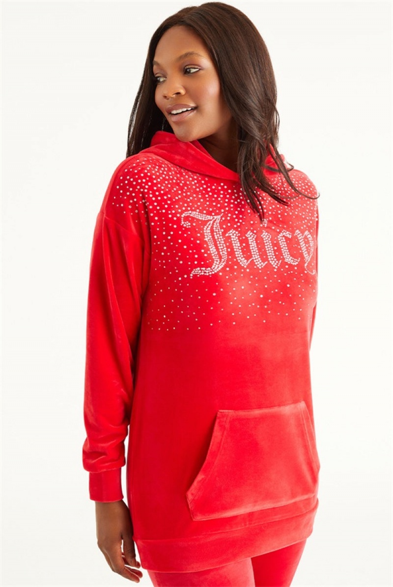 Coco Red Juicy Couture Oversized Big Bling Hoodie With Rhinestones | JC-SN651693