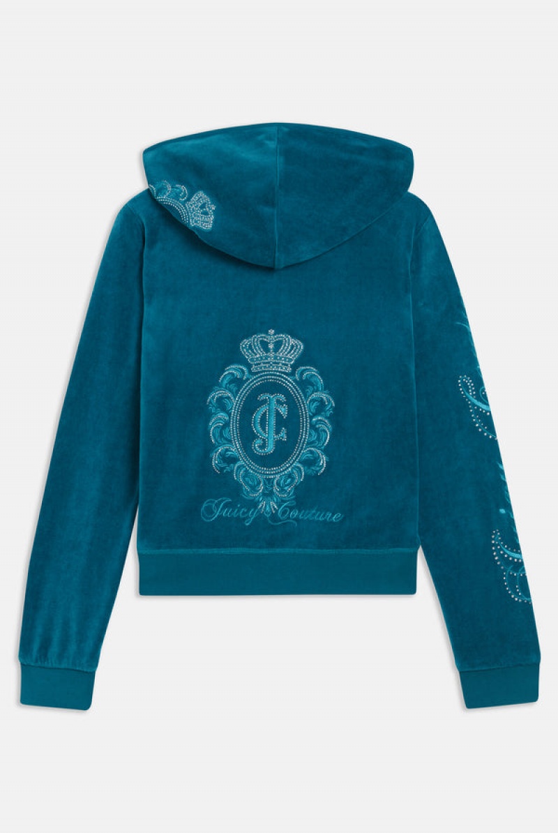 Deep Lagoon Juicy Couture Bamboo Velour Heritage Crest Hoodie | JC-SN652162