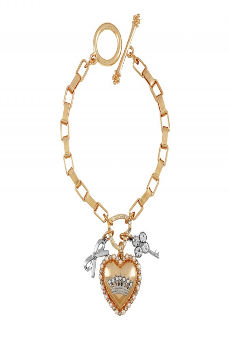 Gold Juicy Couture Crown Charm & Heart Pendant Bracelet | JC-SN651893