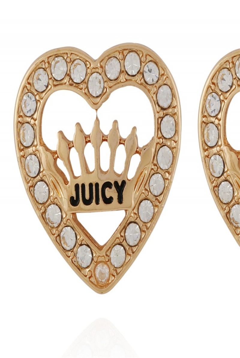 Gold Juicy Couture Crown Heart Stud Earrings | JC-SN651899