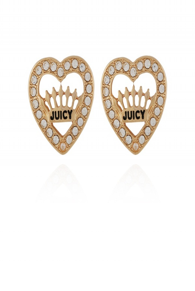 Gold Juicy Couture Crown Heart Stud Earrings | JC-SN651899