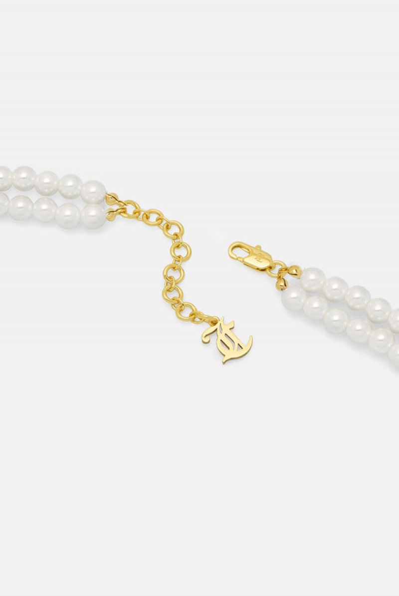 Gold Juicy Couture Double Row Pearl Pavè Crystal Juicy Choker | JC-SN652365