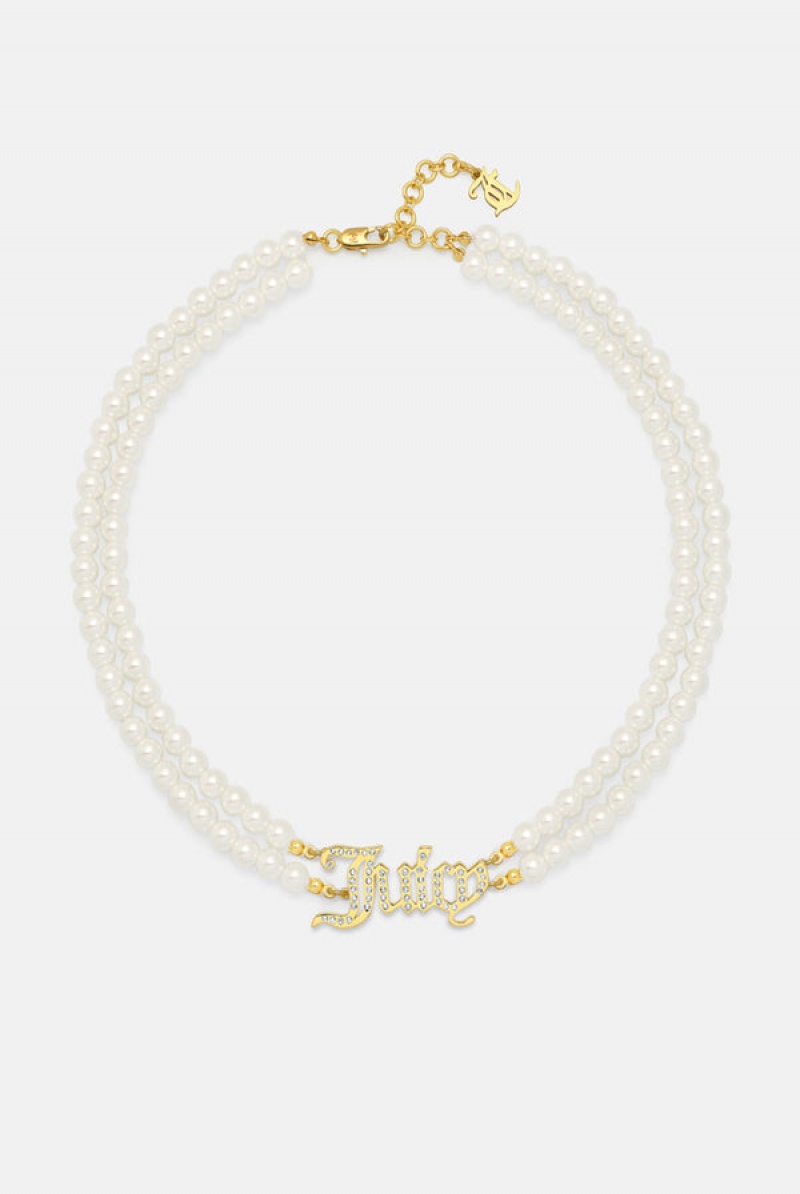 Gold Juicy Couture Double Row Pearl Pavè Crystal Juicy Choker | JC-SN652365