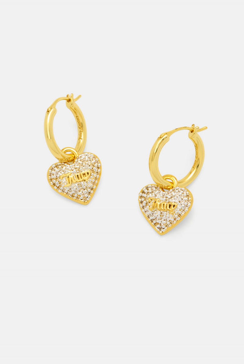 Gold Juicy Couture Pavè Crystal Heart Drop Hoop Earrings | JC-SN652355