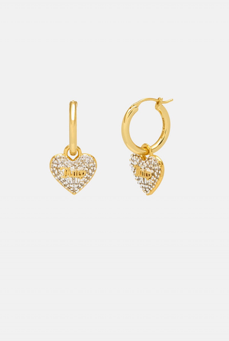 Gold Juicy Couture Pavè Crystal Heart Drop Hoop Earrings | JC-SN652355