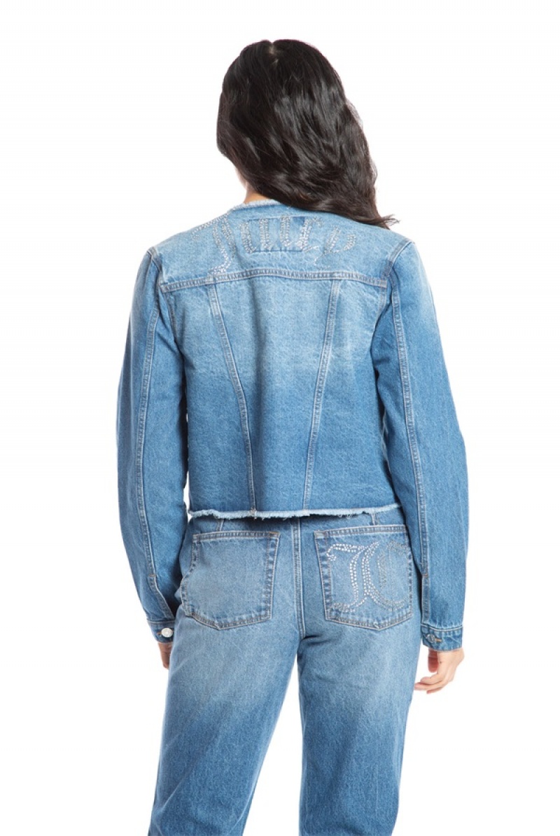 Medium Wash Juicy Couture Big Bling Raw Collar Denim Jacket | JC-SN651679