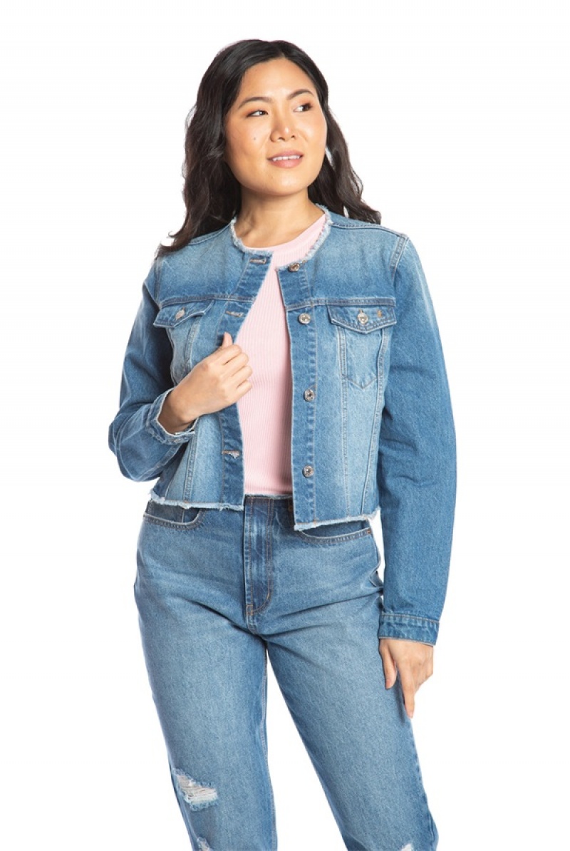 Medium Wash Juicy Couture Big Bling Raw Collar Denim Jacket | JC-SN651679