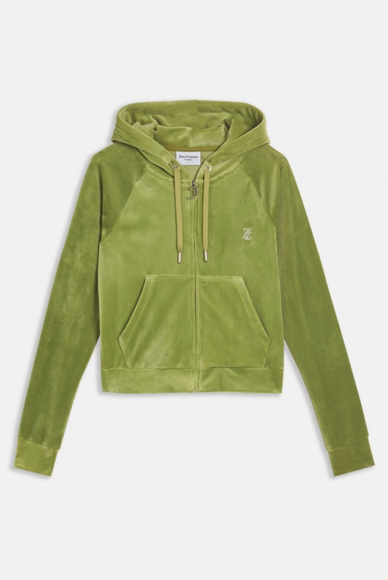 Mosstone Juicy Couture Diamante Velour Zip-through Hoodie | JC-SN651984