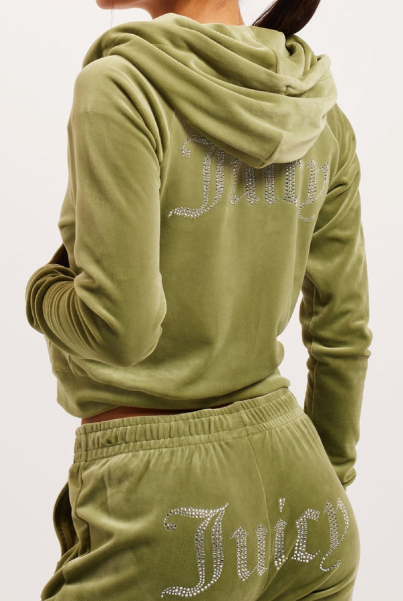 Mosstone Juicy Couture Diamante Velour Zip-through Hoodie | JC-SN651984