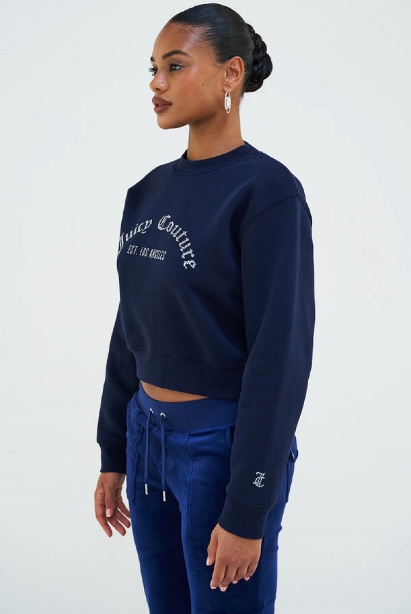 Navy Juicy Couture Arched Diamante Fleece Sweatshirt | JC-SN652286