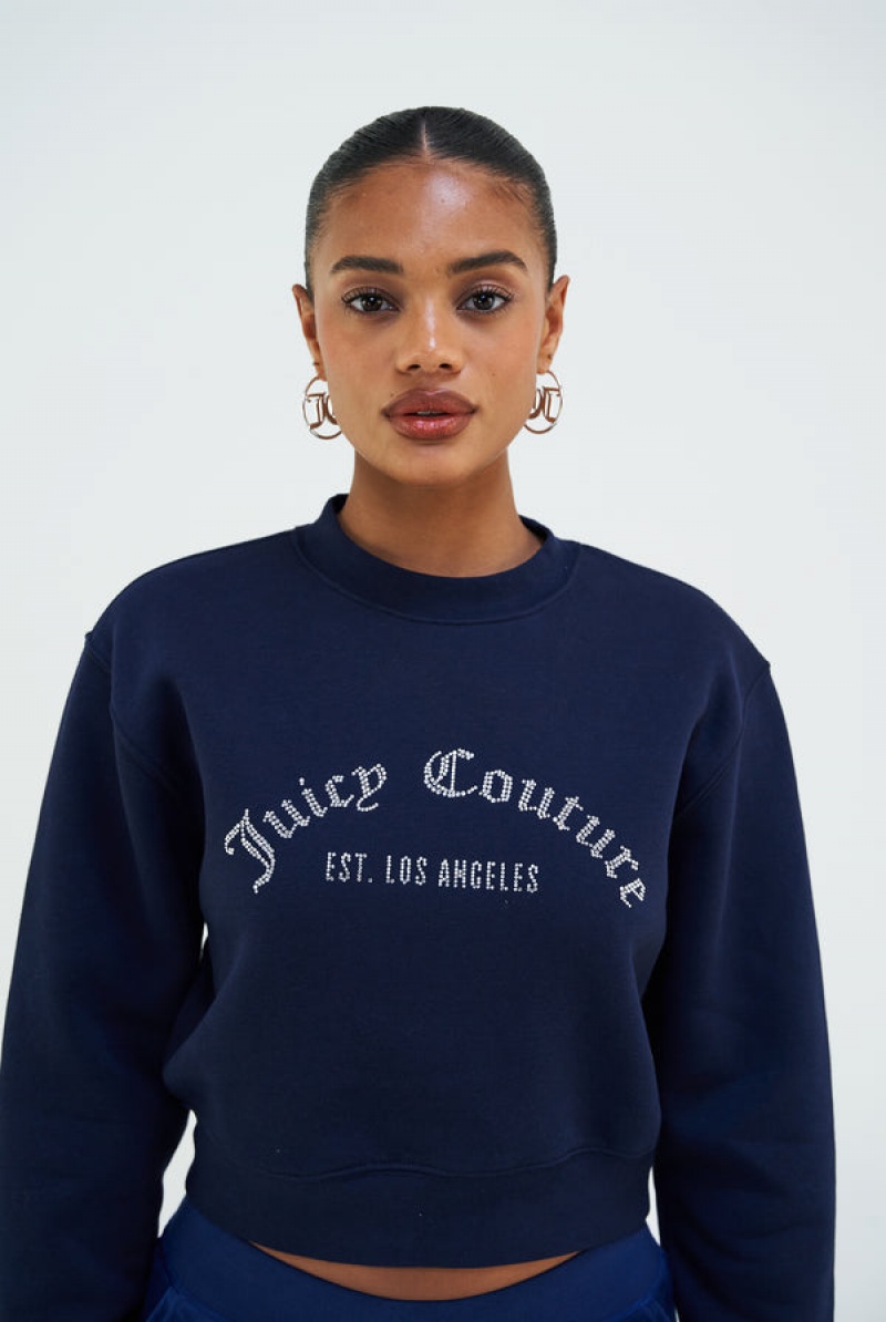 Navy Juicy Couture Arched Diamante Fleece Sweatshirt | JC-SN652286