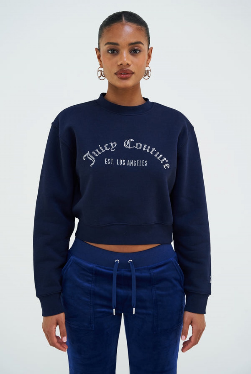 Navy Juicy Couture Arched Diamante Fleece Sweatshirt | JC-SN652286