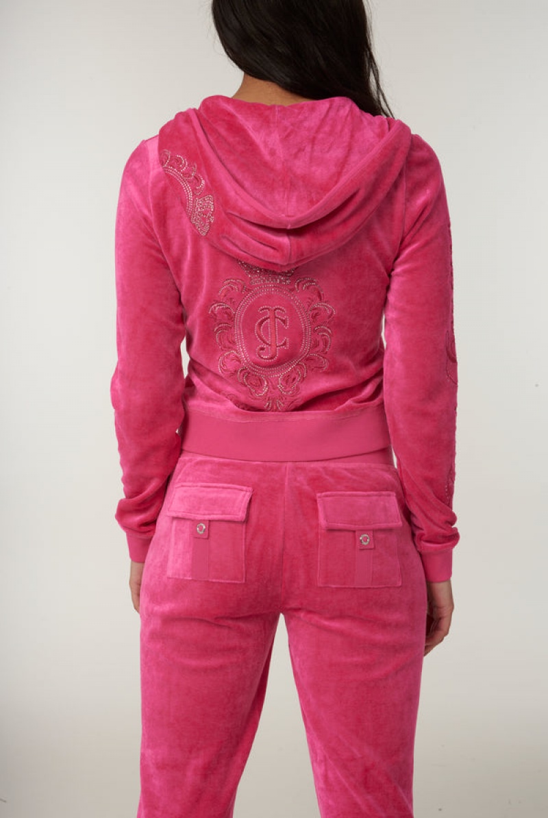 Nostalgia Pink Juicy Couture Ultra Low Rise Bamboo Velour Heritage Crest Pocketed Bottoms | JC-SN651952