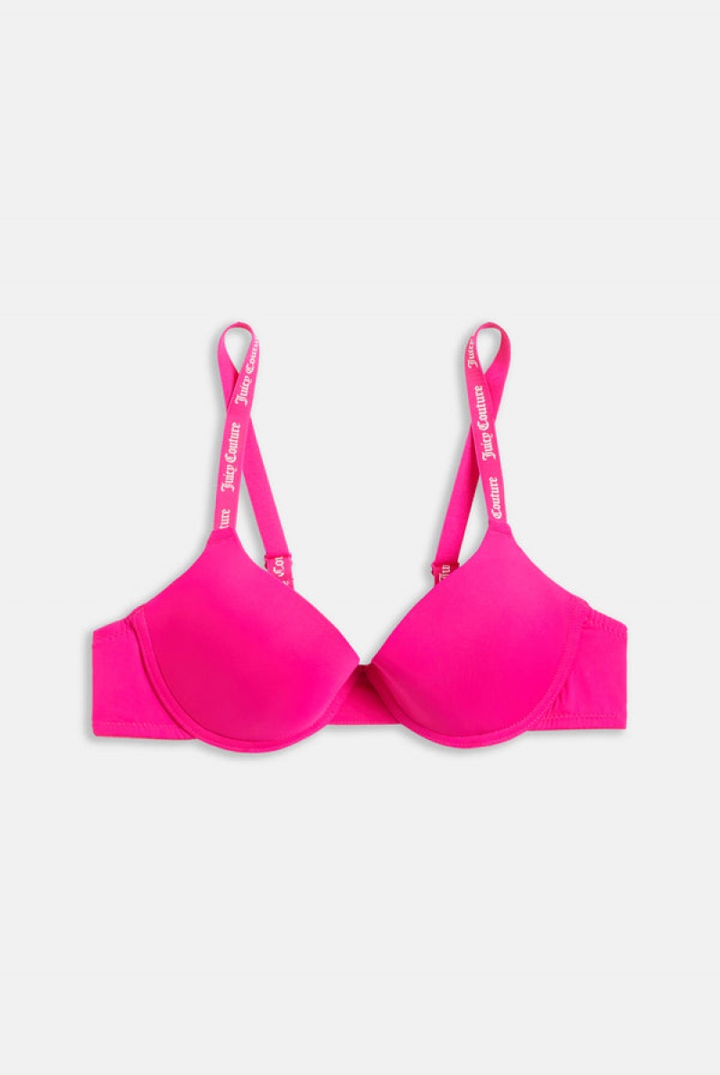 Pink Glo Juicy Couture Shiny Tape Logo Plunge Bra | JC-SN652243