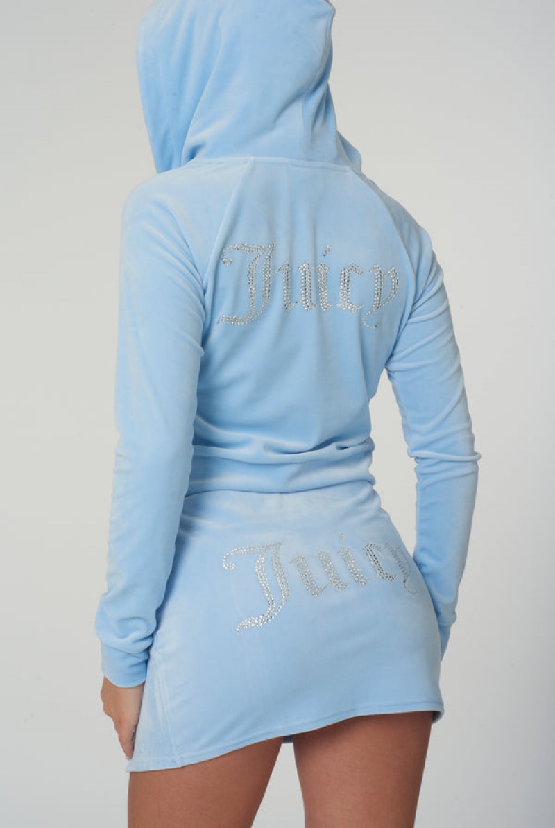 Powder Blue Juicy Couture Diamante Velour Zip-through Hoodie | JC-SN651974