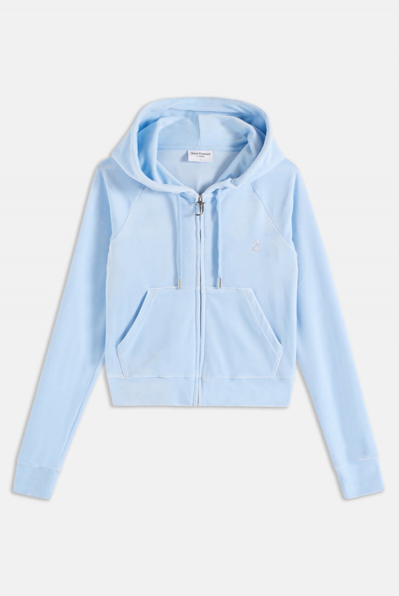 Powder Blue Juicy Couture Diamante Velour Zip-through Hoodie | JC-SN651974