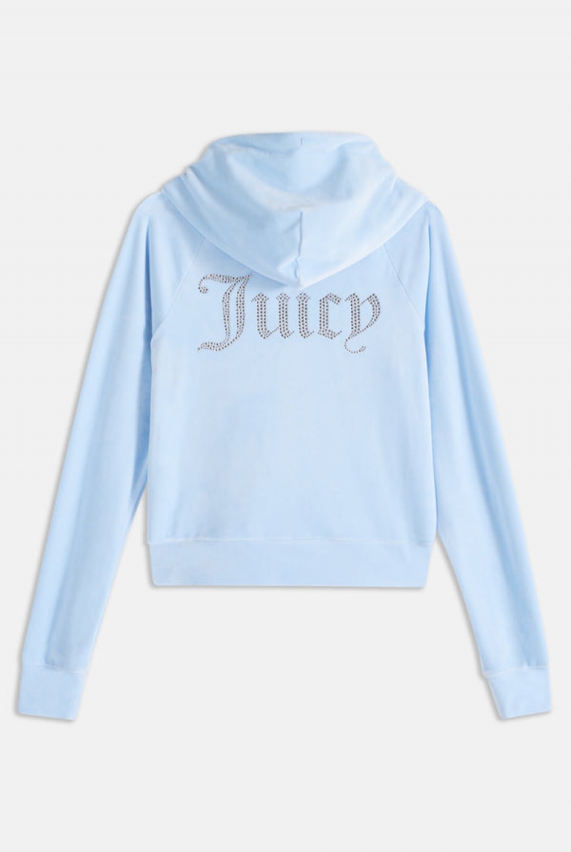 Powder Blue Juicy Couture Diamante Velour Zip-through Hoodie | JC-SN651974