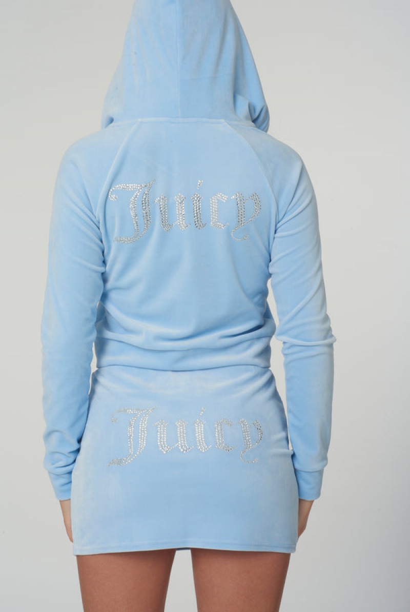 Powder Blue Juicy Couture Diamante Velour Zip-through Hoodie | JC-SN651974