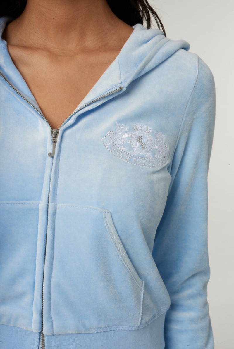 Powder Blue Juicy Couture Dog Crest Bamboo Velour Heritage Hoodie | JC-SN652173