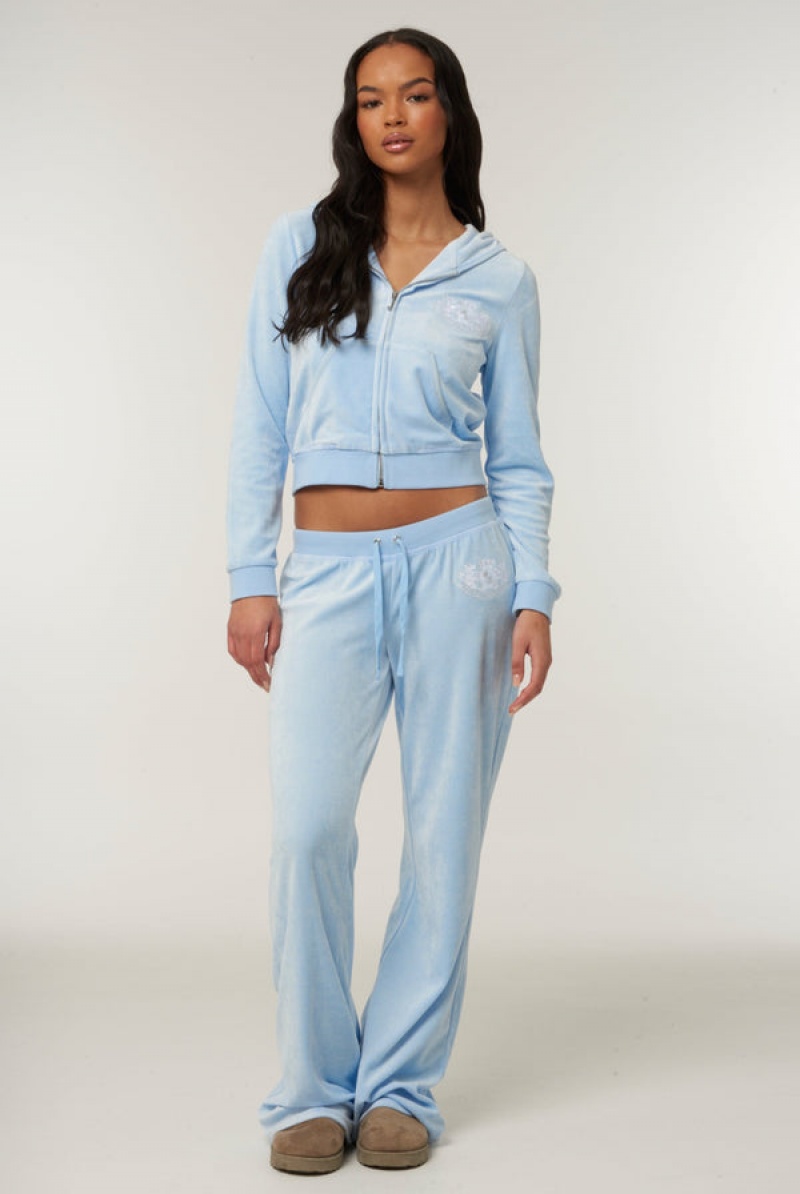 Powder Blue Juicy Couture Ultra Low Rise Bamboo Velour Heritage Dog Crest Pocketed Bottoms | JC-SN652171