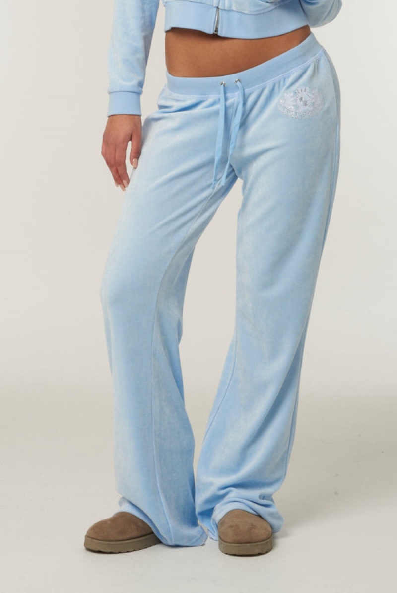 Powder Blue Juicy Couture Ultra Low Rise Bamboo Velour Heritage Dog Crest Pocketed Bottoms | JC-SN652171