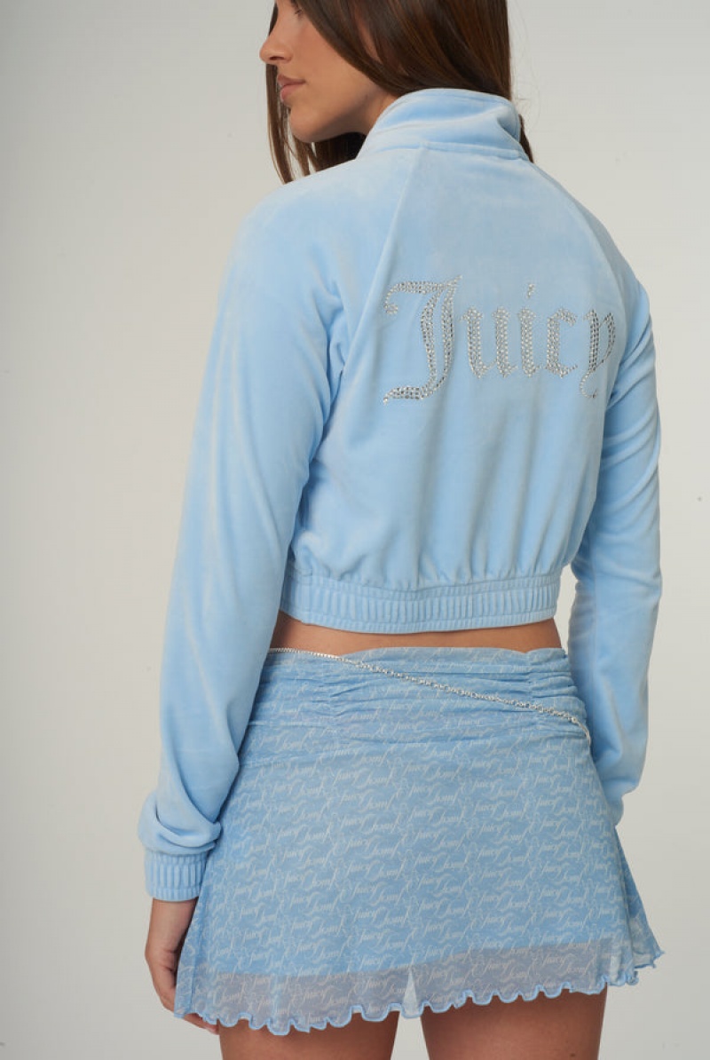 Powder Blue Juicy Couture Velour Diamante Cropped Tracktop | JC-SN651975