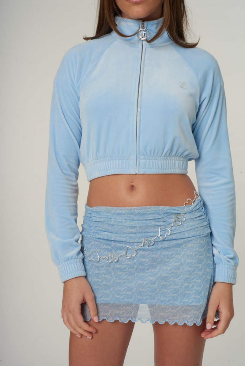 Powder Blue Juicy Couture Velour Diamante Cropped Tracktop | JC-SN651975