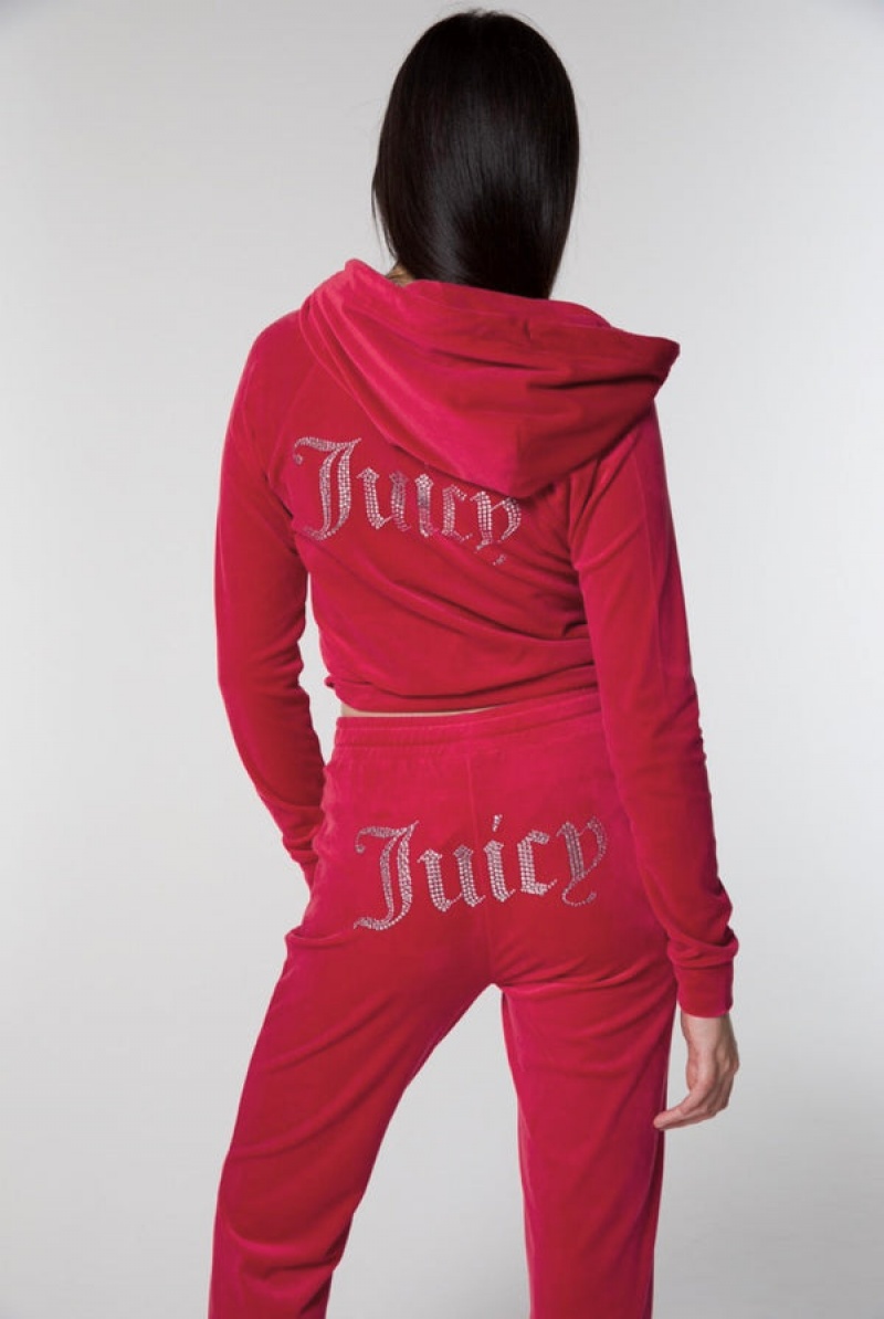 Raspberry Sorbet Juicy Couture Diamante Velour Hoodie | JC-SN652152