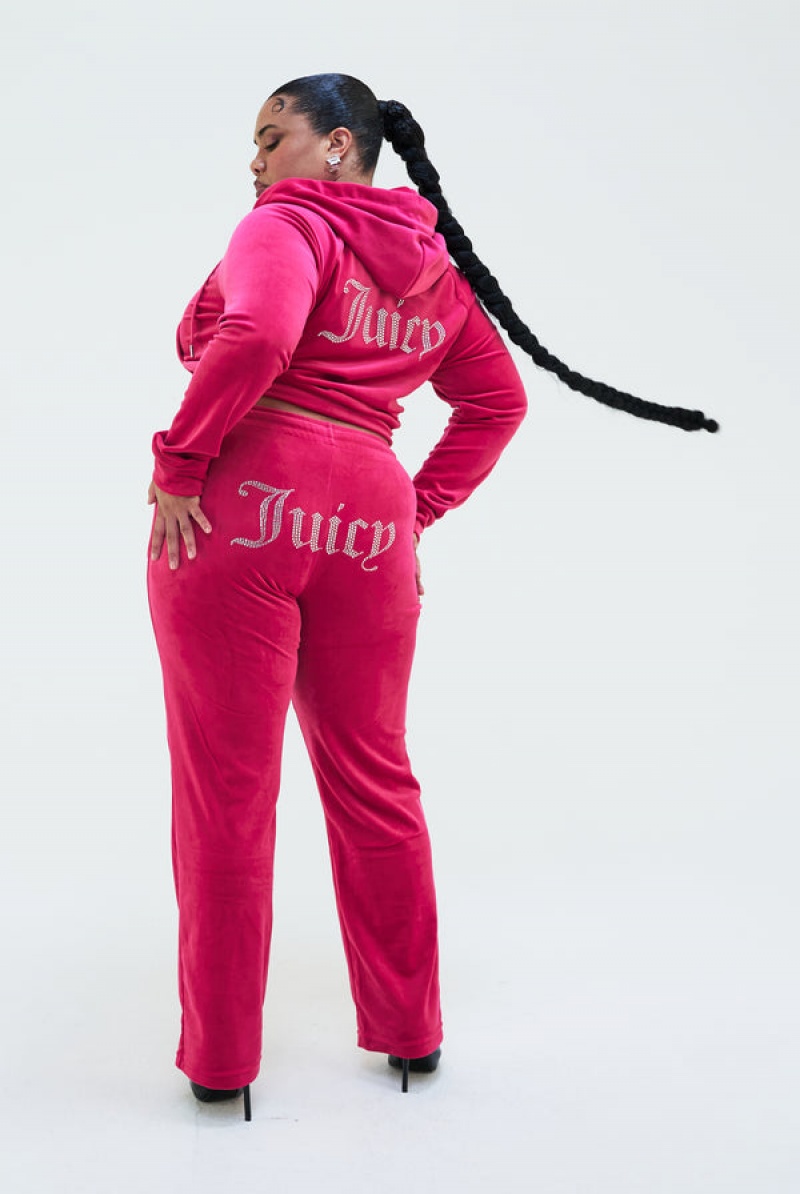 Raspberry Sorbet Juicy Couture Velour Diamante Tracksuit Bottom | JC-SN652137