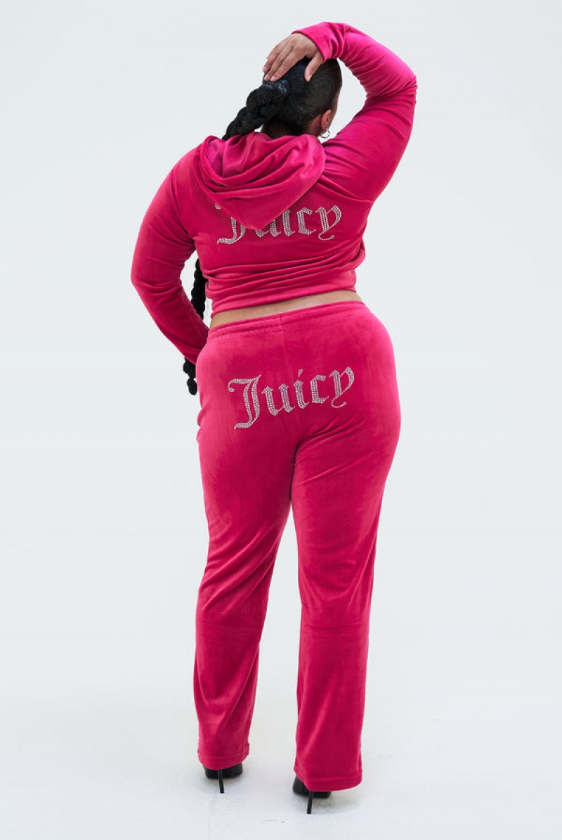 Raspberry Sorbet Juicy Couture Velour Diamante Tracksuit Bottom | JC-SN652137