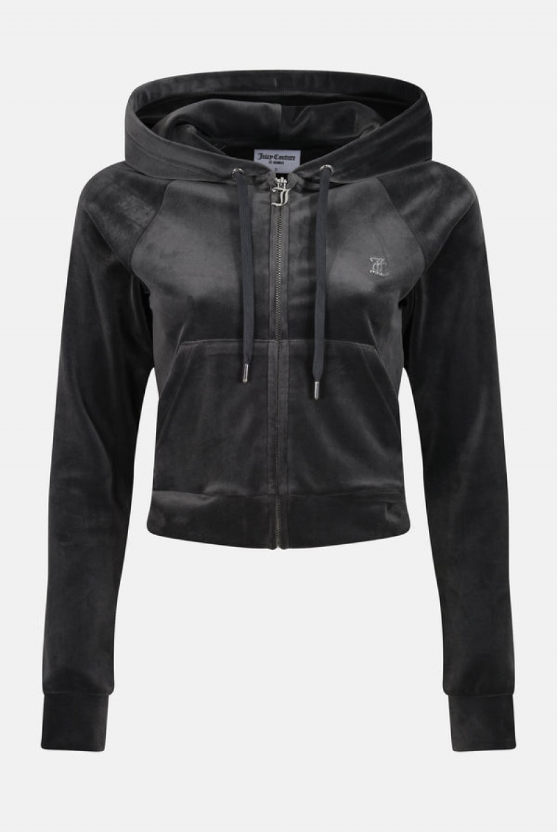 Raven Juicy Couture Diamante Velour Zip-through Hoodie | JC-SN652149