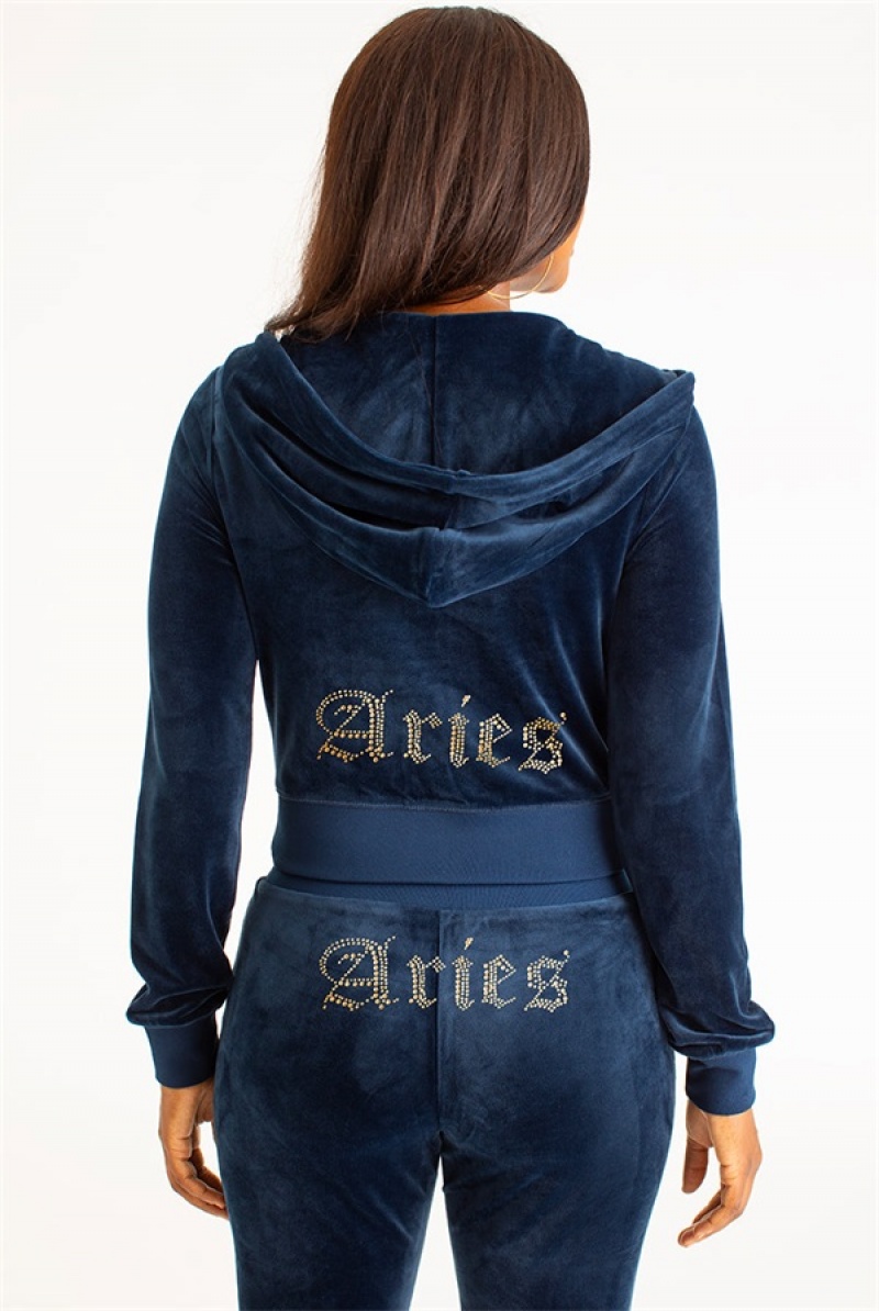 Regal Blue Juicy Couture Aries Big Bling Velour Hoodie | JC-SN651656