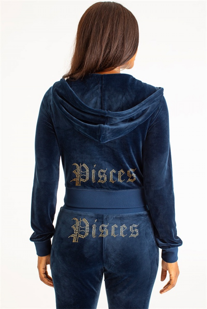 Regal Blue Juicy Couture Pisces Big Bling Velour Hoodie | JC-SN651556